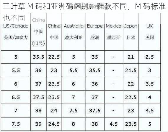 三叶草 M 码和亚洲码区别：鞋款不同，M 码标准也不同